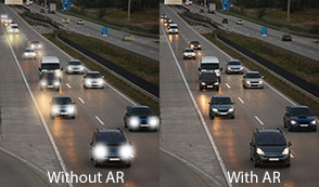 Photo illustrating nighttime driving with and without AR